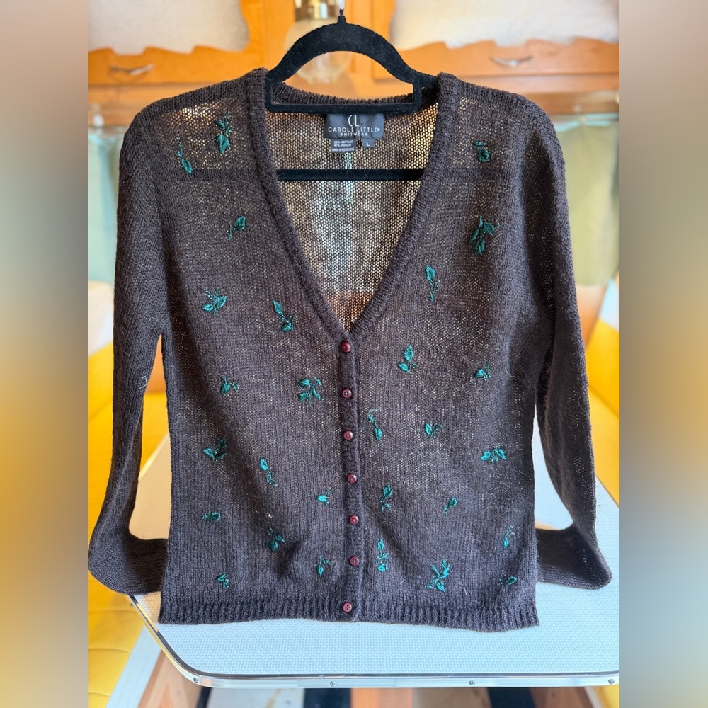 Carole Little Brown V-Neck Cardigan with Green Embroidery